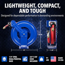 Coxreels TSHF-N-550 Retractable Fuel Hose Reel, T-Fuel Series ¾” x 50’, 300PSI-Easy-Maintenance Design with Brass Swivel and Multi-Position Mount Arm-Heavy Duty Steel Construction, Made in USA, Blue