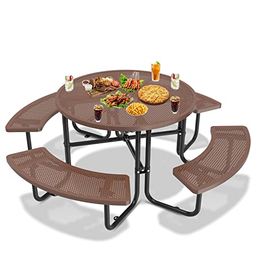 ADDJY Commercial Picnic Tables with Umbrella Hole for Outdoors, All Metal Heavy Duty Picnic Table with Benches for School, Hospital, Coffee Shop, Brown