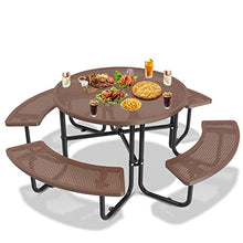 ADDJY Commercial Picnic Tables with Umbrella Hole for Outdoors, All Metal Heavy Duty Picnic Table with Benches for School, Hospital, Coffee Shop, Brown