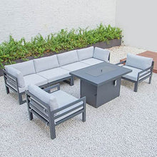 Leisuremod Chelsea 7-Piece Black Aluminum Frame Patio Armchair Sectional Conversation Set and Fire Pit Table with Cushions - Light Grey