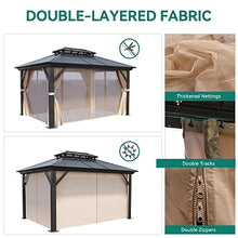 YITAHOME 10x12FT Hard-Top Double Roof Gazebo Canopy with Netting and Curtains Brown