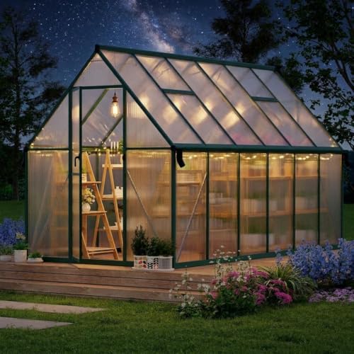 Garvee 8 x 12 ft Outdoor Polycarbonate Greenhouse Kit, Heavy Duty Greenhouse with Reinforced Aluminum Frame, Adjustable Roof Vent, Lockable Door & Quick-Connect Assembly
