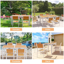 VredHom Outdoor Dining Table, 63"-83" Patio Extendable Dining Table with Brown Wooden-Like Top and White Aluminum Frame, Rectangular Table Outdoor Furniture
