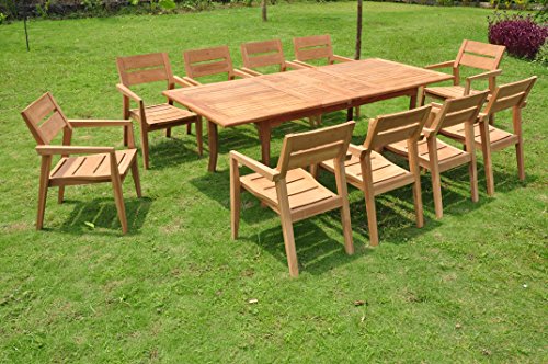 11 PC A Grade Outdoor Patio Teak Dining Furniture Set - 94" Double Extension Rectangle Table & 10 Vellore Stacking Arm Chairs