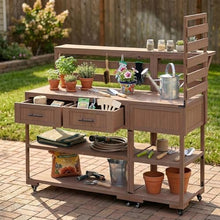 Roomfitters Garden Potting Bench with Wheels, Extra Wide Outdoor Potting Table and BBQ Prep Station, Storage Shelves, Brown