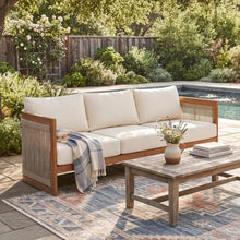 Christopher Knight Home Yunara Acacia Wood 3 Seater Outdoor Sofa with Woven Rope Accents, Patio Sofa Couch with Removable Cushions for Patio Furniture Set, Curved Tub Design, Teak + Beige