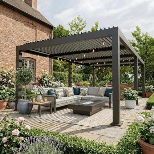 SLEKVERSA 12x20 FT Aluminum Pergola, Heavy Duty Outdoor Pergola with Adjustable Roof, Concealed Drainage, Waterproof Manual Louvered Pergola Gazebo, All Weather Patio Cover for Deck, Gray