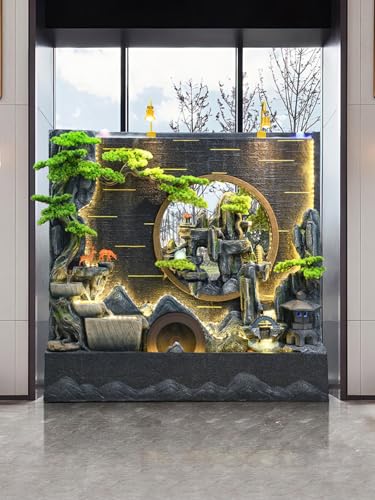 6.5 ft Cement Standing Fountain, Double Sided Feng Shui Design | Indoor and Outdoor use | Rain and UV Protection | Durable, Weather Resistant, and Equipped with LED Lighting(B Single-Sided)
