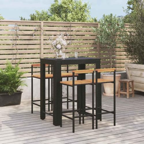 Xolmizyn 5 Piece Outdoor Bar Set, Black Poly Rattan Pub Table and 4 Acacia Wood Stools for Patio, Garden, Balcony, Backyard Bistro Dining Furniture