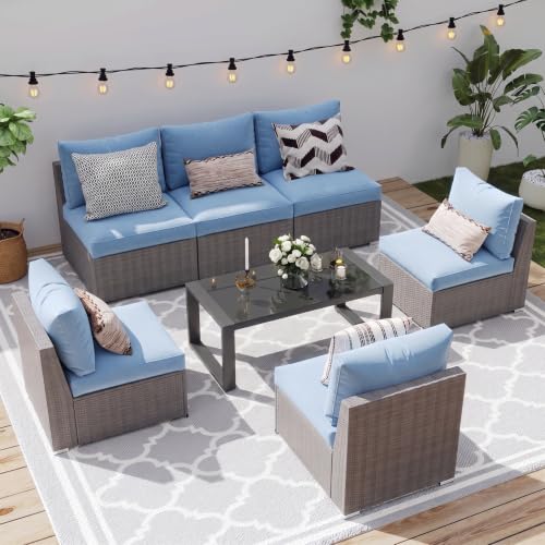 Wisteria Lane Patio Furniture Set for All Wheather, 7 Pieces Wicker Outdoor Furniture Set with Washable Cushions & Aluminum Patio Coffee Table, Oversized Outdoor Sectional for Garden, Backyard, Navy