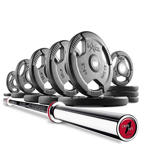 XMark TRI-GRIP Olympic Barbell 255 lb Set Weight Plates with The CROWBAR 7' Olympic Bar 23) BAR and 255 lb Set