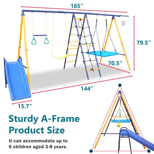 AOKUNG 7-in-1 Heavy-Duty Metal Swing Set with Slide & Climbing Net Blue