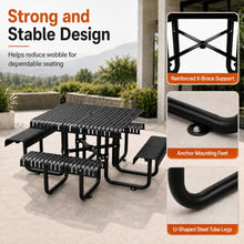 46" Square Outdoor Picnic Table with Slotted Steel Tabletop & Benches, Carbon Steel Construction, 80" Overall Length, Durable & Easy to Clean, Ideal for Backyard, Patio, Family Barbecues, Black