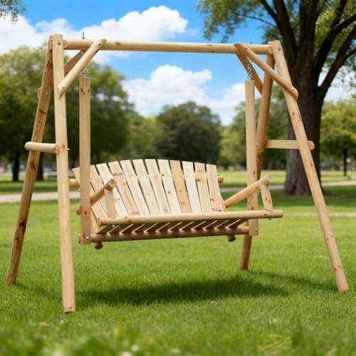 Ergonomic Design 2-Seat Wooden Garden Porch Swings with Stable & Non Slip Legs, Outdoor Backyard Loveseat Swings for Patio, Lawn & Garden