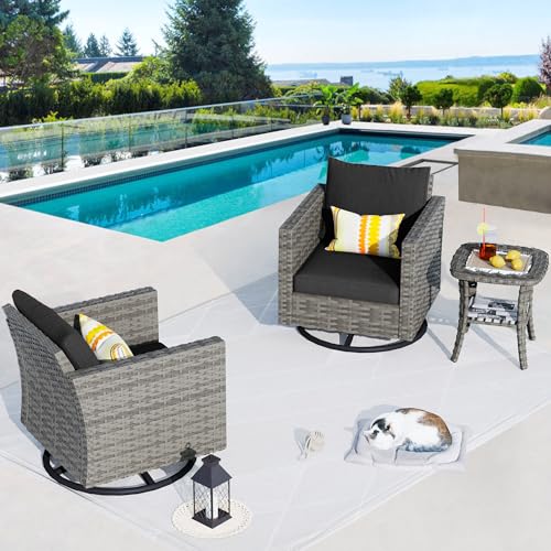 HOOOWOOO Outdoor Wicker Swivel Rocking Chairs Set of 2 with Side Table – Comfortable Patio Furniture Set for Garden, Porch, Balcony, or Deck (Black, 3 PCS)