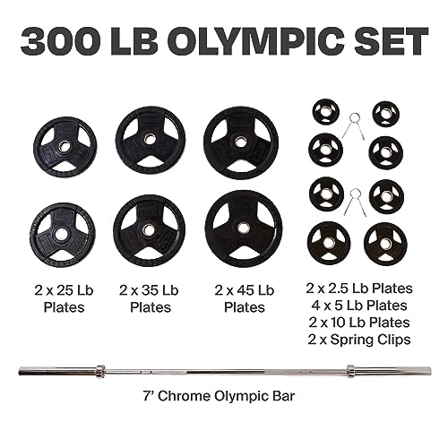 CENTR Olympic Barbell Weight Set with Bar 300 lb - Chrome/Black