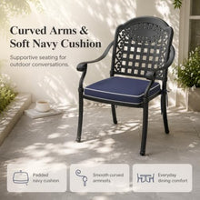 OROTLECT 6 Pack Cast Aluminum Patio Dining Chairs with Armrests, All Weather Outdoor Bistro Chairs, Removable Navy Blue Cushions, Lattice Back Metal Arm Chairs for Garden Backyard Deck Porch