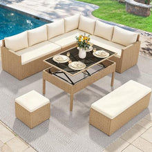 YITAHOME L-Shaped Patio Furniture Set All Weather Wicker Outdoor Sectional Sofa with Dining Table and Ottoman Light Brown Beige