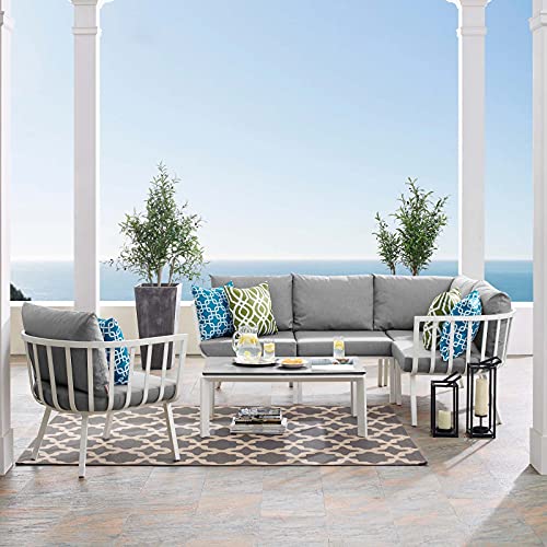 Lounge Sectional Sofa Chair Set, Aluminum, Metal, White Grey Gray, Modern, Outdoor Patio Cafe Bistro
