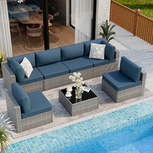 Shintenchi 7 Pieces Outdoor Patio Furniture Sets, Patio Sectional Sofa Couch, Gray PE Wicker Furniture Modular Patio Conversation Sets Patio Sofa with Washable Cushions, Aegean Blue