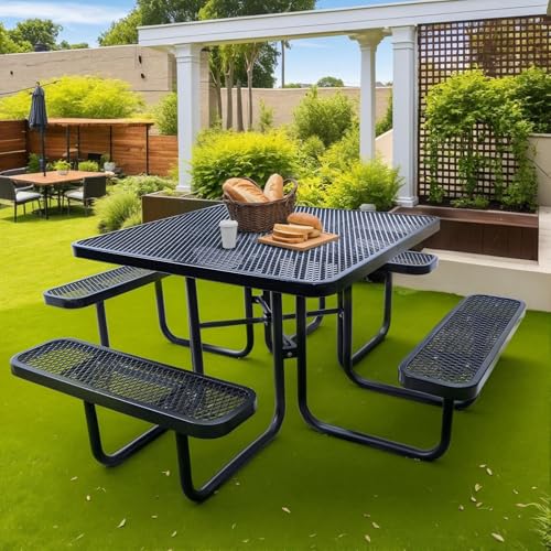 Chantmo Heavy Duty Picnic Table with Umbrella Hole, Expanded Metal Outdoor Patio Dining Table & Bench Set, Steel Mesh Outdoor Dining Furniture for Garden, Lawn, Patio
