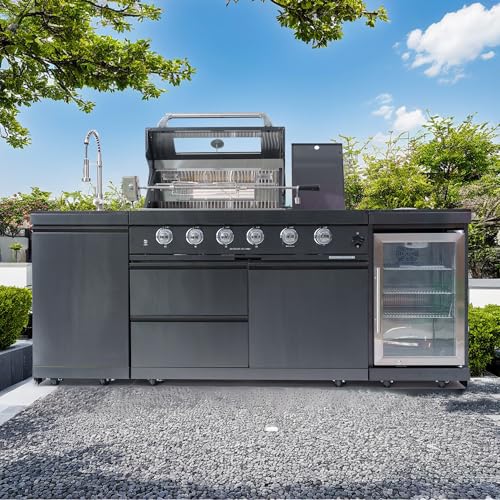85 Inch Deluxe Stainless Steel Gas Outdoor Kitchen grill, 4-Burner 72000 BTU Barbecue Grill with Sink, Wine Cooler Compact Refrigerator, Granite Countertops, Storage Cabinets & Drawers, Black