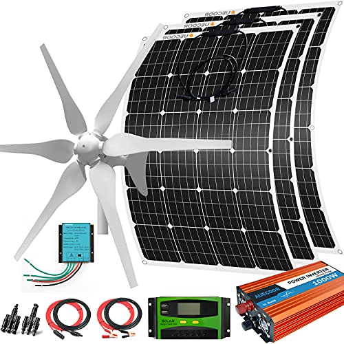 760W Wind Solar Power Kit: 400W Wind Turbine Generator 6 Blade with Controller & 3 pcs 120W Mono Solar Panels & 1000W Off Grid Inverter for Home, Boat, RV