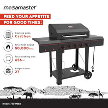 Megamaster Cart 5 Burner Gas Grill, Side Tables with Accessory Hooks, Black