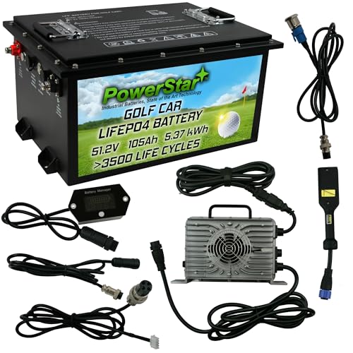 PowerStar 48V LiFePO4 Golf Cart Battery Replacement with Charger Black