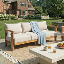 Christopher Knight Home Acacia Wood 3-Seater Sofa Outdoor, 74'' Patio Acacia Wood Sofa Chair, Curved Wooden Lounge Seating for Backyard Garden, Outdoor Entertaining Furniture, Light Teak+Beige