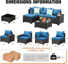 HTERWQEA 5-Piece Wicker Patio Furniture Set, PE Rattan Sectional Sofa with Storage Table & Peacock Blue Cushions, Outdoor Conversation Set for Garden or Porch