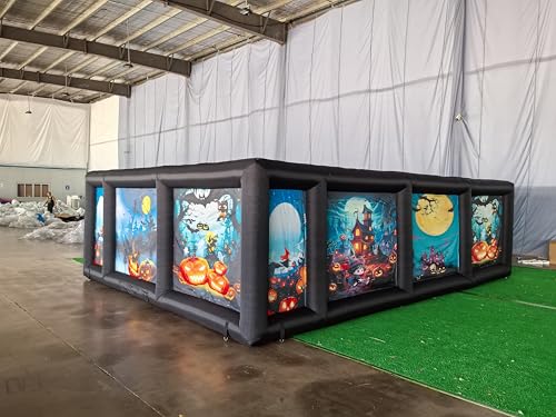 AIRMAT FACTORY Inflatable Maze Halloween Haunted House with Roof, Outdoor Inflatable Labyrinth Maze Game, Spooky Theme with Pumpkins/Bats/Ghosts, Includes Blower/Repair Kits, 20x20ft