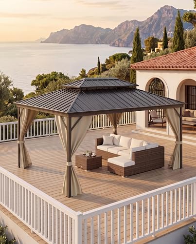 12x14 Hardtop Gazebo with Double Galvanized Steel Roof, Breathable Netting and Privacy Curtains – Durable Outdoor Pavilion for Backyard