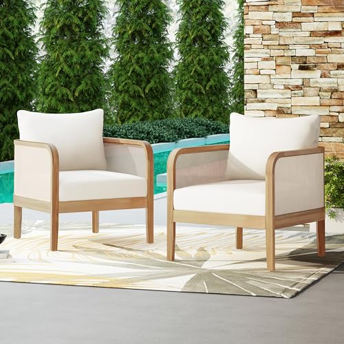 Merax Outdoor Acacia Wood Patio Club Chair Set of 2 Conversation Set with Waterproof Thick Cushion Deep Seating for Porch,Garden,Backyard