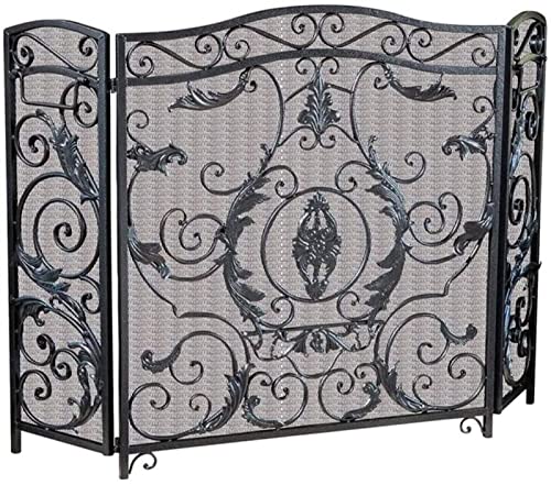 EliteBloom Large Black 3-Panel Screen Fire Guard for Stove & Fireplace - Decorative Mesh Safety Barrier with Elegant Scroll Design, Spark Protection for Home & Patio,