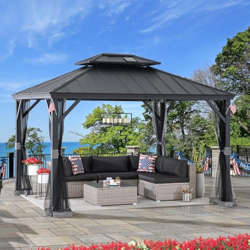 Sunjoy Hardtop Gazebo 10x12 ft Outdoor Patio Aluminum Frame with Solar Panel and Netting Black