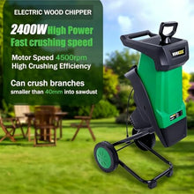 RUODATONLY Electric Wood Chipper Shredder, 20:1 Reduction Ratio，1.6 Inch Cutting Diameter, 2400W Motor, with 50L Collecting Bag for Branches Twigs Green