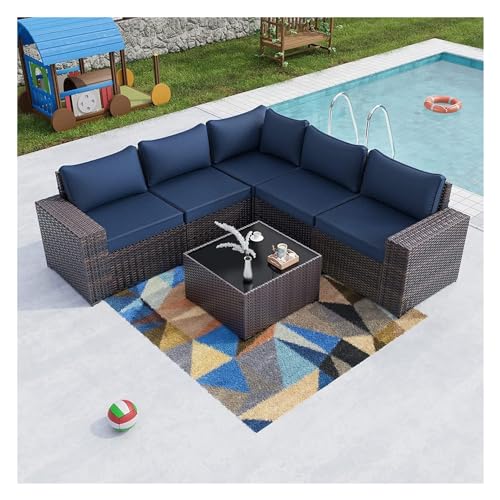 HTERWQEA 6‑Piece Outdoor Patio Furniture Set, Wicker Rattan Sectional Sofa with Cushions, Patio Sectional Conversation Set and Outdoor Couch for Porch, Backyard, Garden, Poolside