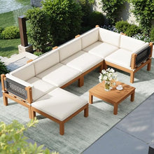Devoko 7 Piece Acacia Wood Patio Sofa, Outdoor Sectional Coach and Love Seat with Coffee Table, Acacia Wood Patio Furniture Set for Balcony,Porch,Garden