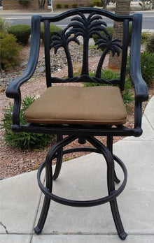 Palm Tree Outdoor Patio 3pc Set Pedestal Bar Table 30" Dark Bronze Cast Aluminum, Walnut Cushions