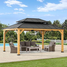 Sunjoy 12x16 ft Wood Gazebo Outdoor Patio Cedar Framed Steel Hardtop Dark Brown + Natural Wood