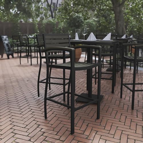 BizChair Commercial Grade Bar Height Stool with Arms, All-Weather Outdoor Bar Stool with Faux Wood Poly Resin Slats and Aluminum Frame, Gray Wash