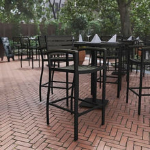 BizChair Commercial Grade Bar Height Stool with Arms, All-Weather Outdoor Bar Stool with Faux Wood Poly Resin Slats and Aluminum Frame, Gray Wash
