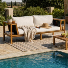 Christopher Knight Home PUMI Outdoor 2 Seater Acacia Wood Daybed with Water Resistant Cushions, Patio Sofa with Rope Accent & Built-in Side Storage Shelves, Slatted Outdoor Bench, Black+Cream+Teak