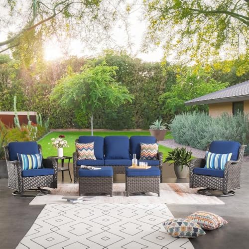 UOPYNE 6-PCS Patio Furniture Sets with Swivel Rocking Chair and Thick Cushion Outdoor Conversation Sets 6 Pcs, 2 x Swivel Cushioned Sofa Chairs, 1x3-Seat Sofa, 2xOttomans for Backyard Poolside