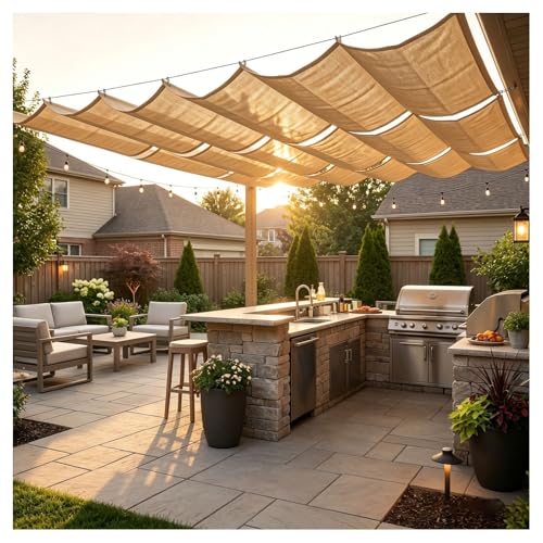 Retractable Wave Sun Shade Sail Waterproof Rectangle Shade Cloth PES Awning Canopy 95% UV Block With Rope Outdoor Patio Party Awning Cloth Durable Garden Shade Sail(W1.6*L20m/W5.24*L65.62ft)