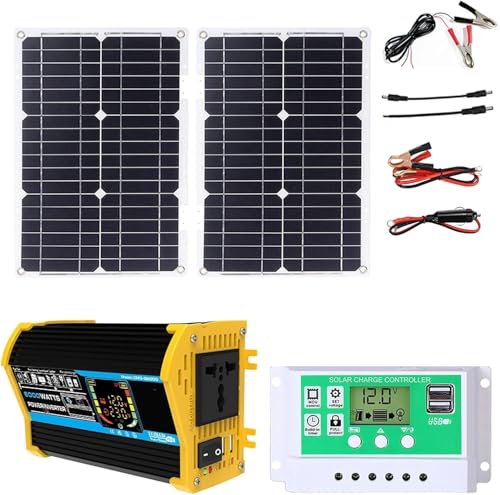 DZWHPOVUM 6000W Off-Grid Solar Panel Kit with 50A Charge Controller & Dual LCD Displays for RVs, Boats(Black)