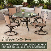Hanover Fontana 5-Piece Patio Dining Set with Tan Sling Swivel Rocker Chairs and 48" Round Table