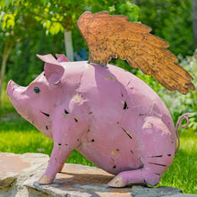 Zaer Ltd. Pink Pig Metal Garden Statue with Golden Wings, 34.75 x 20 x 30.5 inches, Outdoor Yard Art Decor