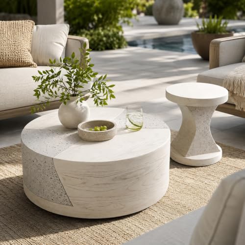 FESTIVITY Indoor & Outdoor Round MGO Coffee & Side Table Set with a Natural Stone & Wood-Look Finish for Patio, Living Room, Balcony, Deck, or Backyard (Ivory Oak Travertine)
